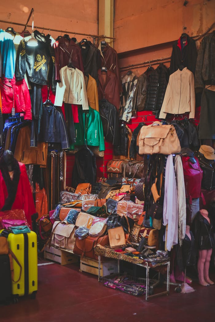 Services Vibrant indoor market in Agadir displaying leather jackets and bags.